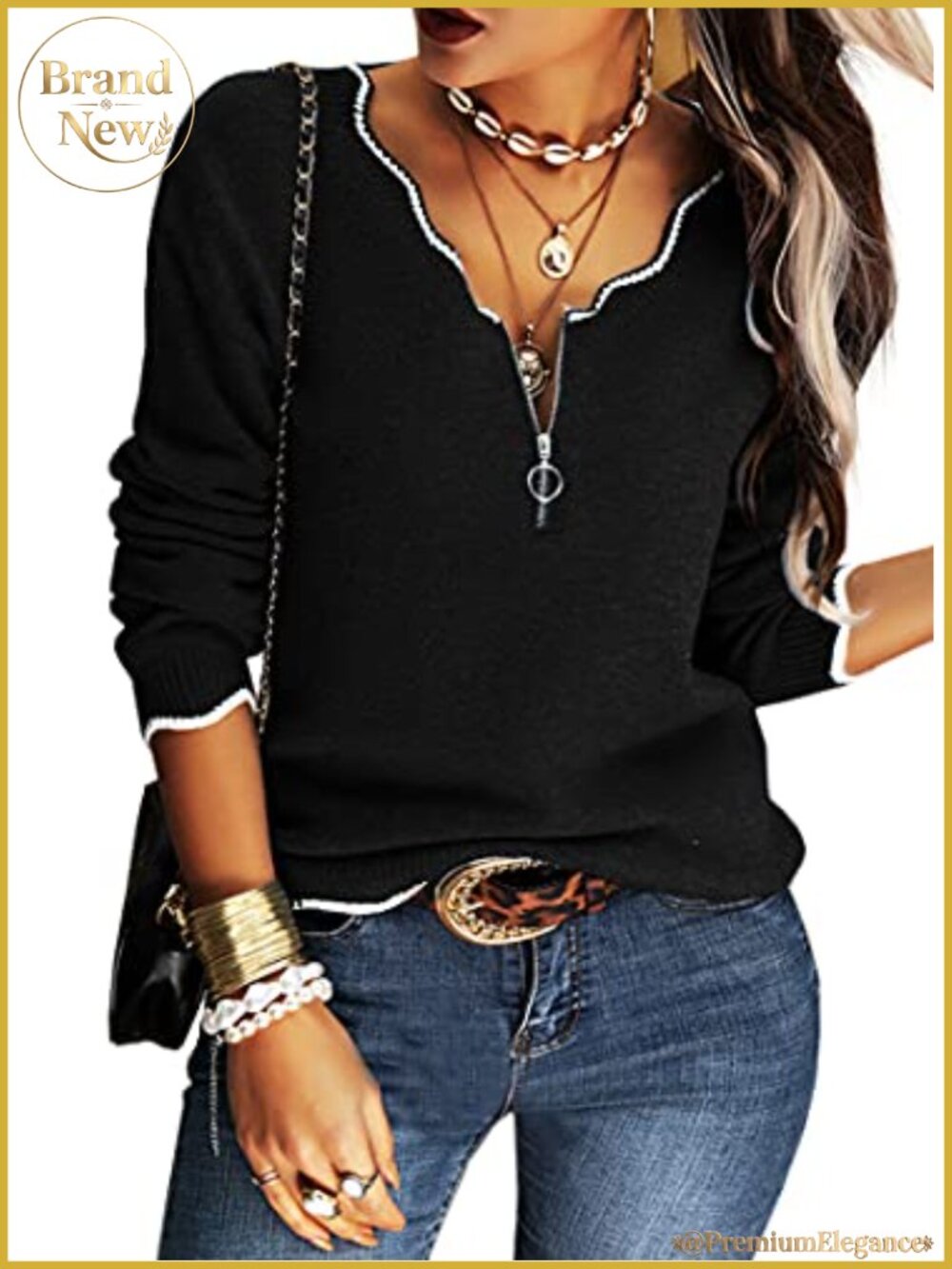 Womens V Neck Half Zip Stripe Knit Sweater Pullover Long Sleeve